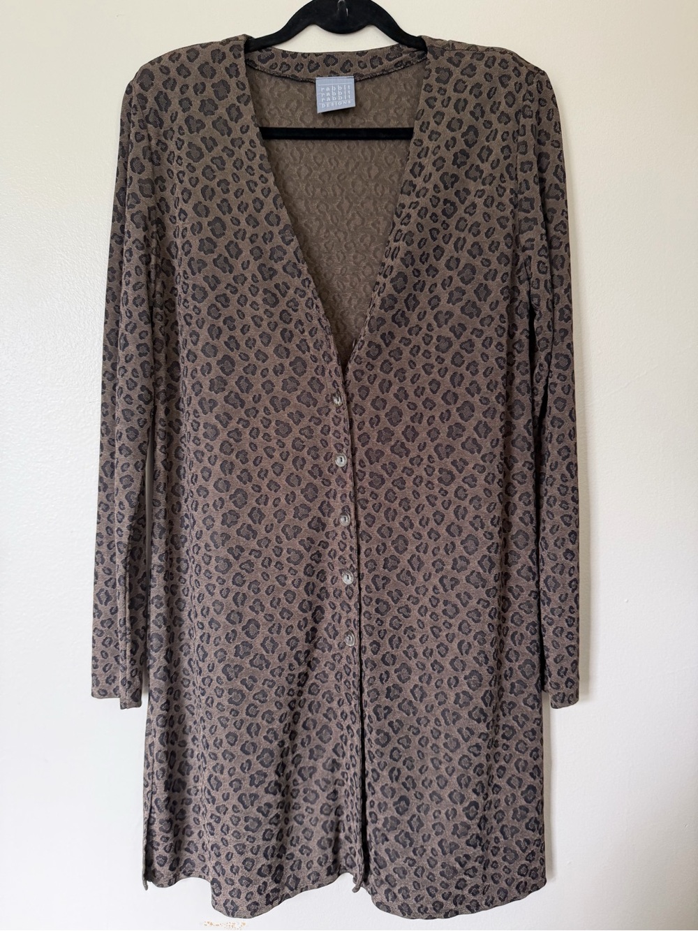 Rabbit VTG Long Brown Leopard-Print Cardigan Sweater Dress Duster 90s Size 10